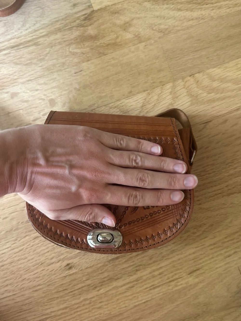 Hand-Tooled Leather Crossbody Bag in Tan